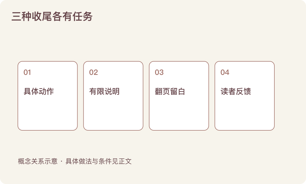 三种收尾各有任务:具体动作;有限说明;翻页留白;读者反馈